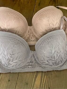 Lace Balconette Bra - Pink and Light Gray